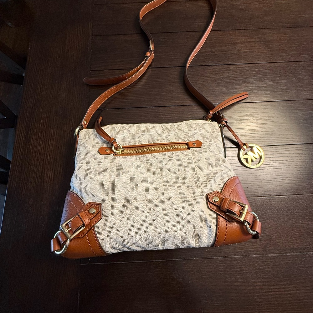 Michael Kors Brown and Cream Crossbody Bag with Monogram Print